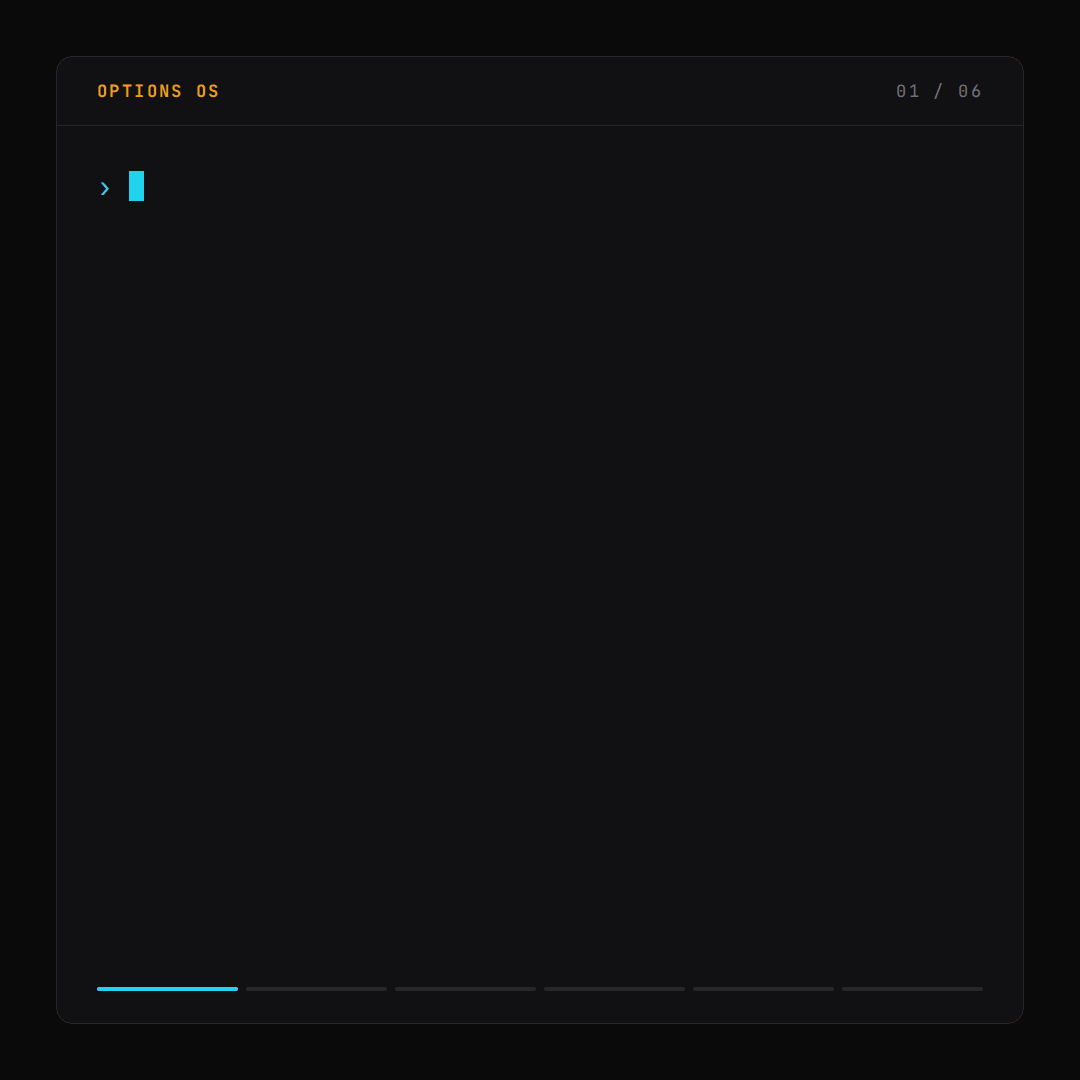 Options OS agent build progressing through Define, Translate, Architect, Contract and plan, Execute, and Verify